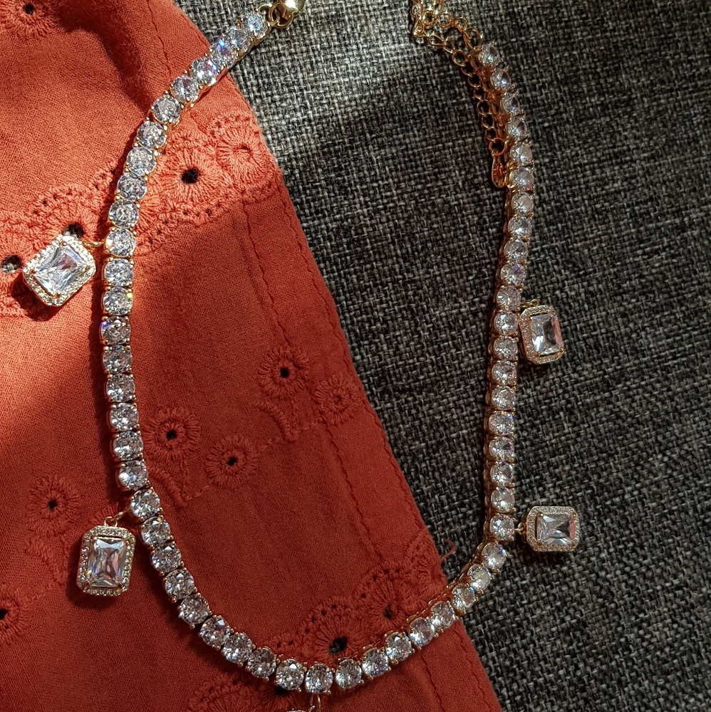 Pave crystals tennis square gem necklace choker